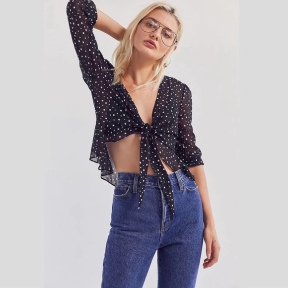 Urban Outfitters Tops - Kimchi Blue Urban Outfitters Black & White Polka Dot Tie Front Top sz XS
